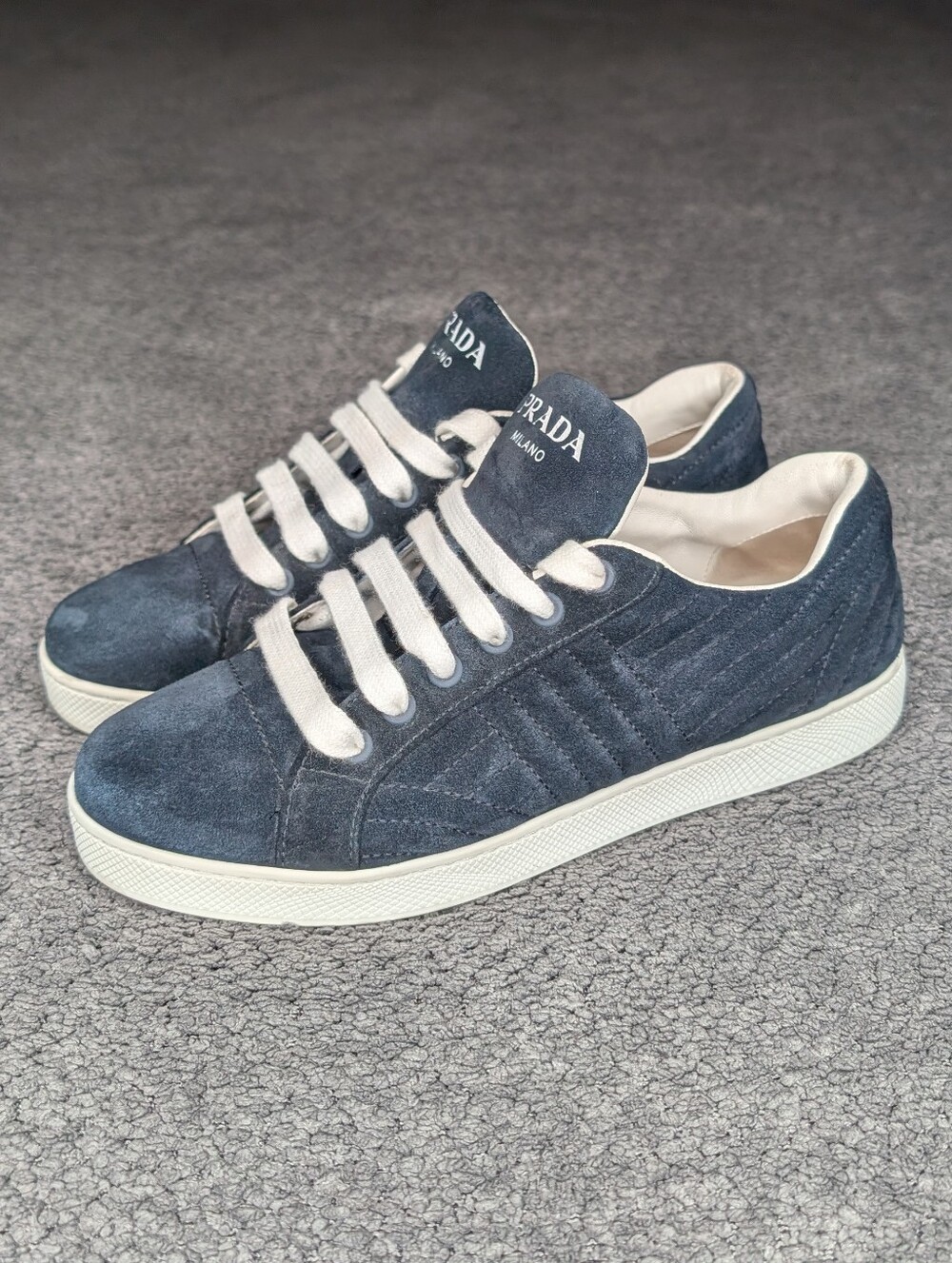 Prada Quilted Suede Lace-Up Sneaker Navy Blue Women's 7 - Picture 3 of 12